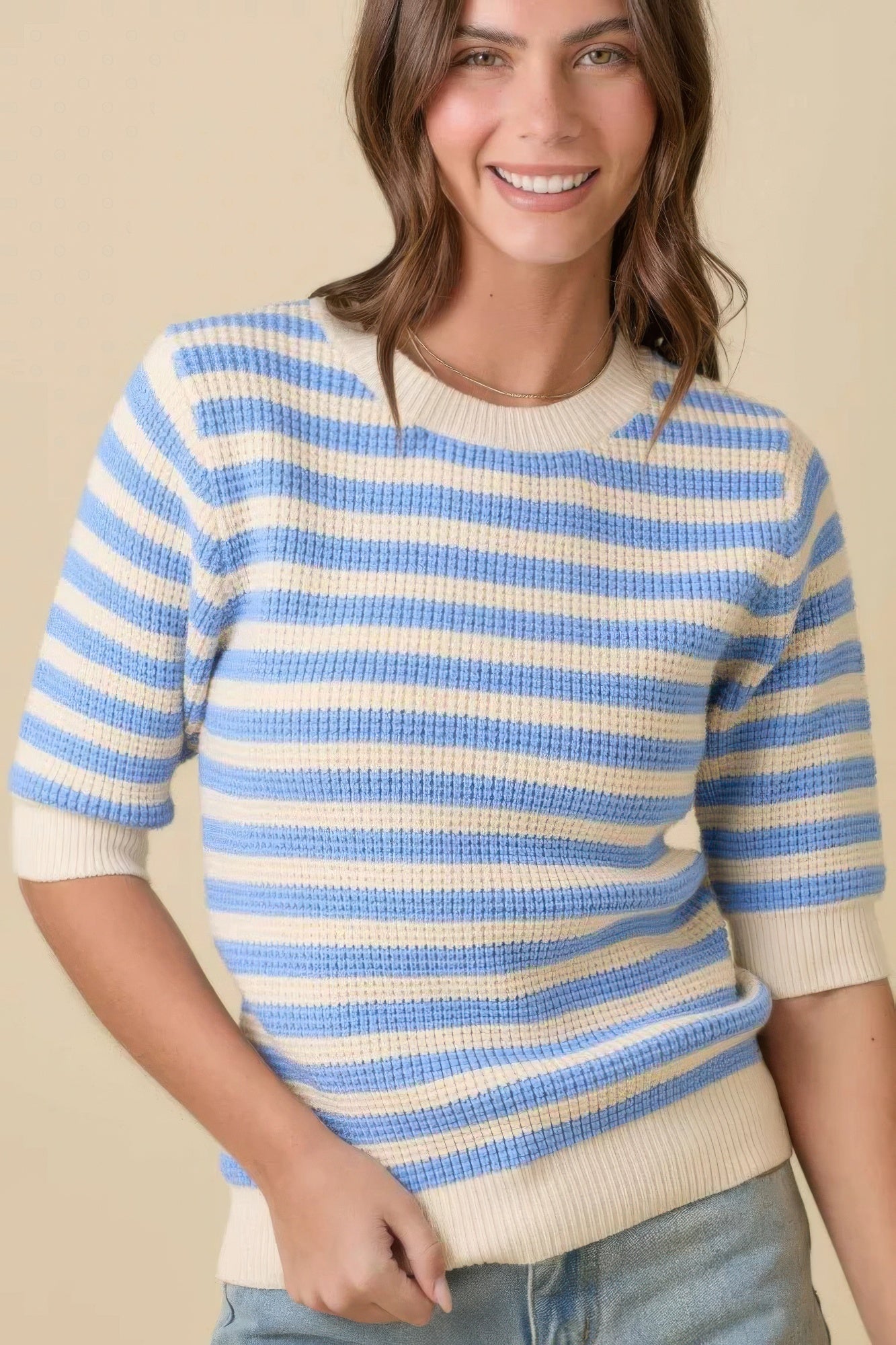 Short Sleeve Sweater Knit Stripe Top