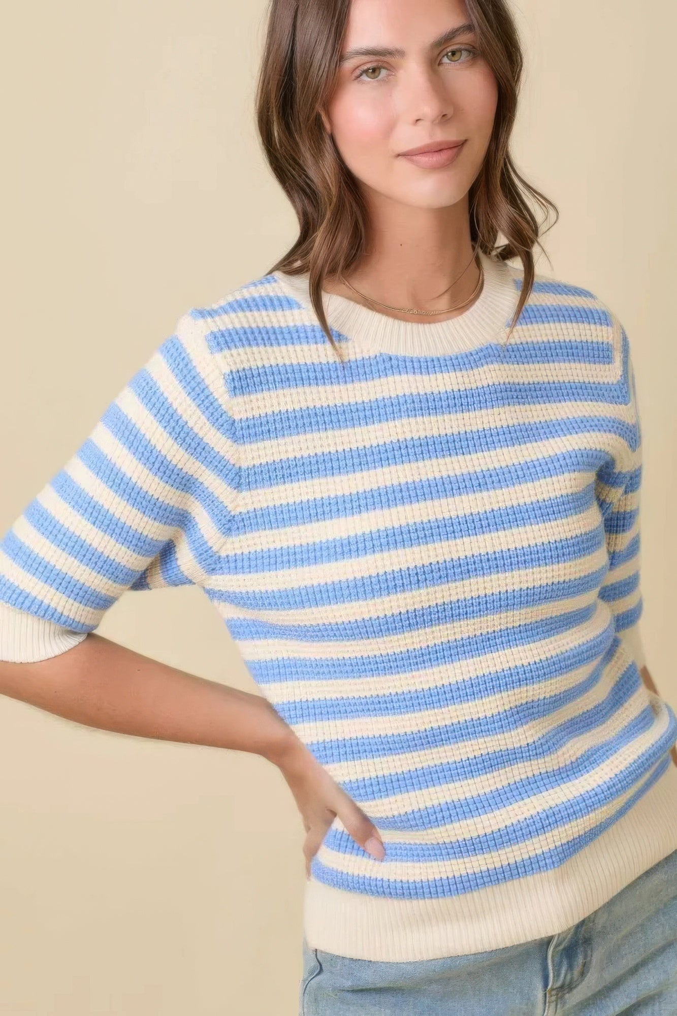 Short Sleeve Sweater Knit Stripe Top