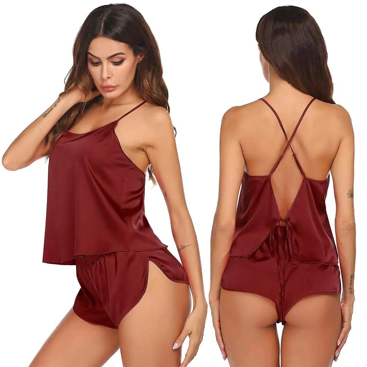 Love Salve Satin Pajamas Women's Backless Lingerie Cami Shorts Set Nightwear