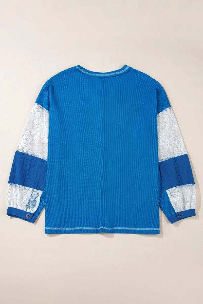 Love Salve Women's Rib Knit Blouse With Lace Sleeves — Comfortable Casual Top