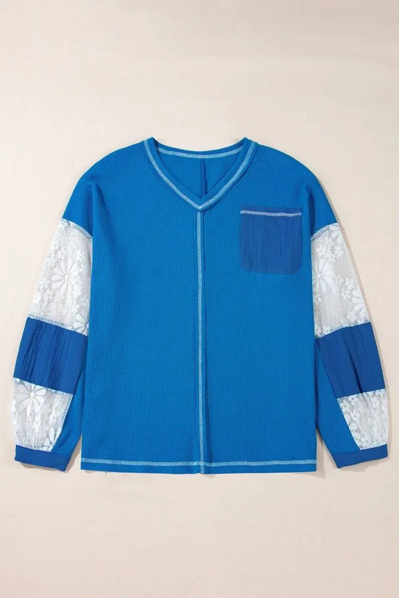 Love Salve Women's Rib Knit Blouse With Lace Sleeves — Comfortable Casual Top