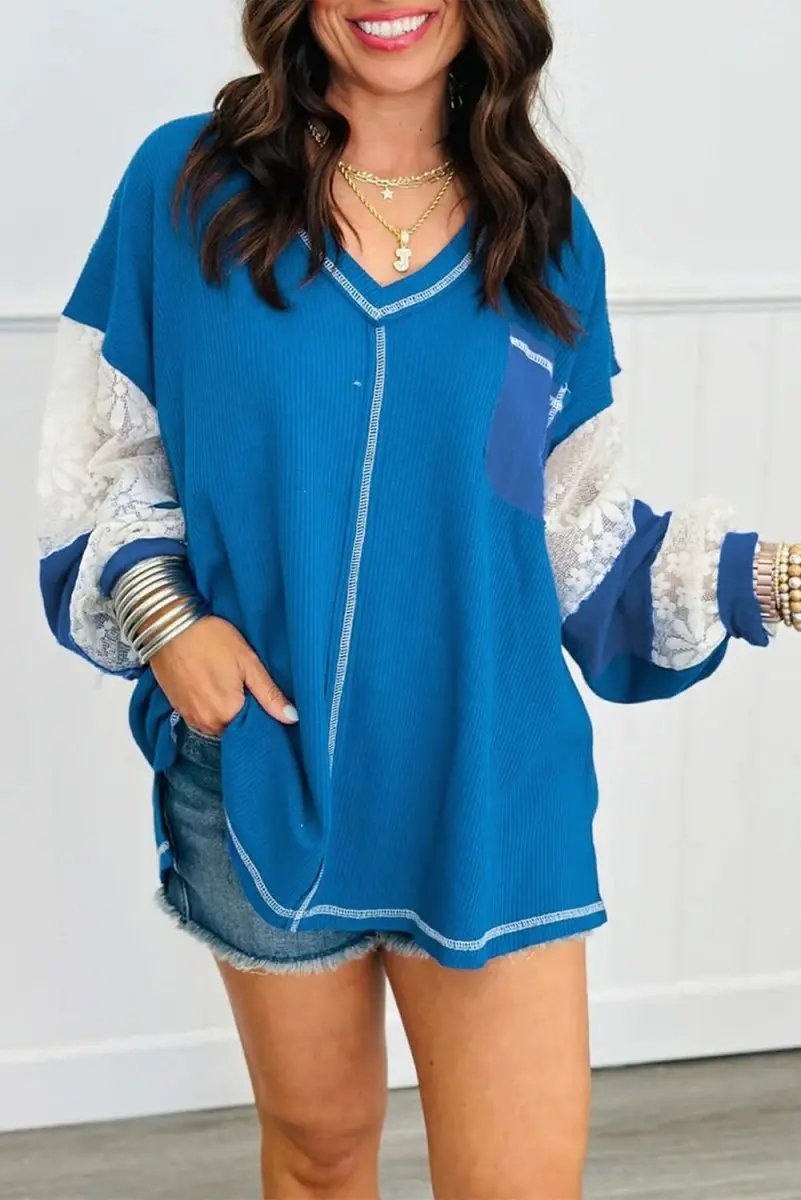 Love Salve Women's Rib Knit Blouse With Lace Sleeves — Comfortable Casual Top