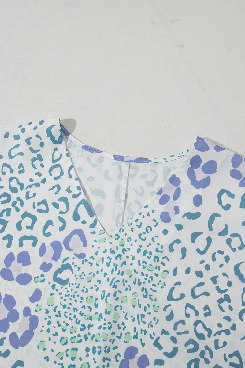 Women's Blouse - Sky Blue Leopard Print V-Neck - Summer Daily Top