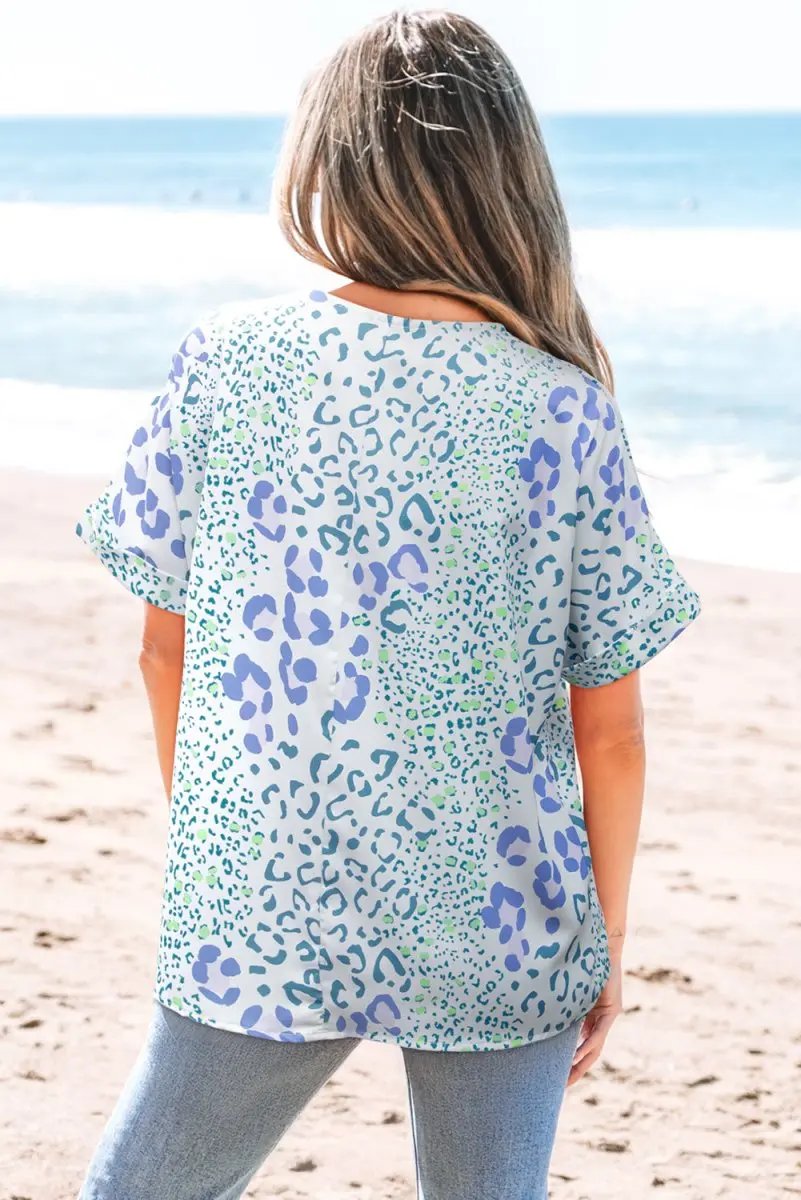 Women's Blouse - Sky Blue Leopard Print V-Neck - Summer Daily Top