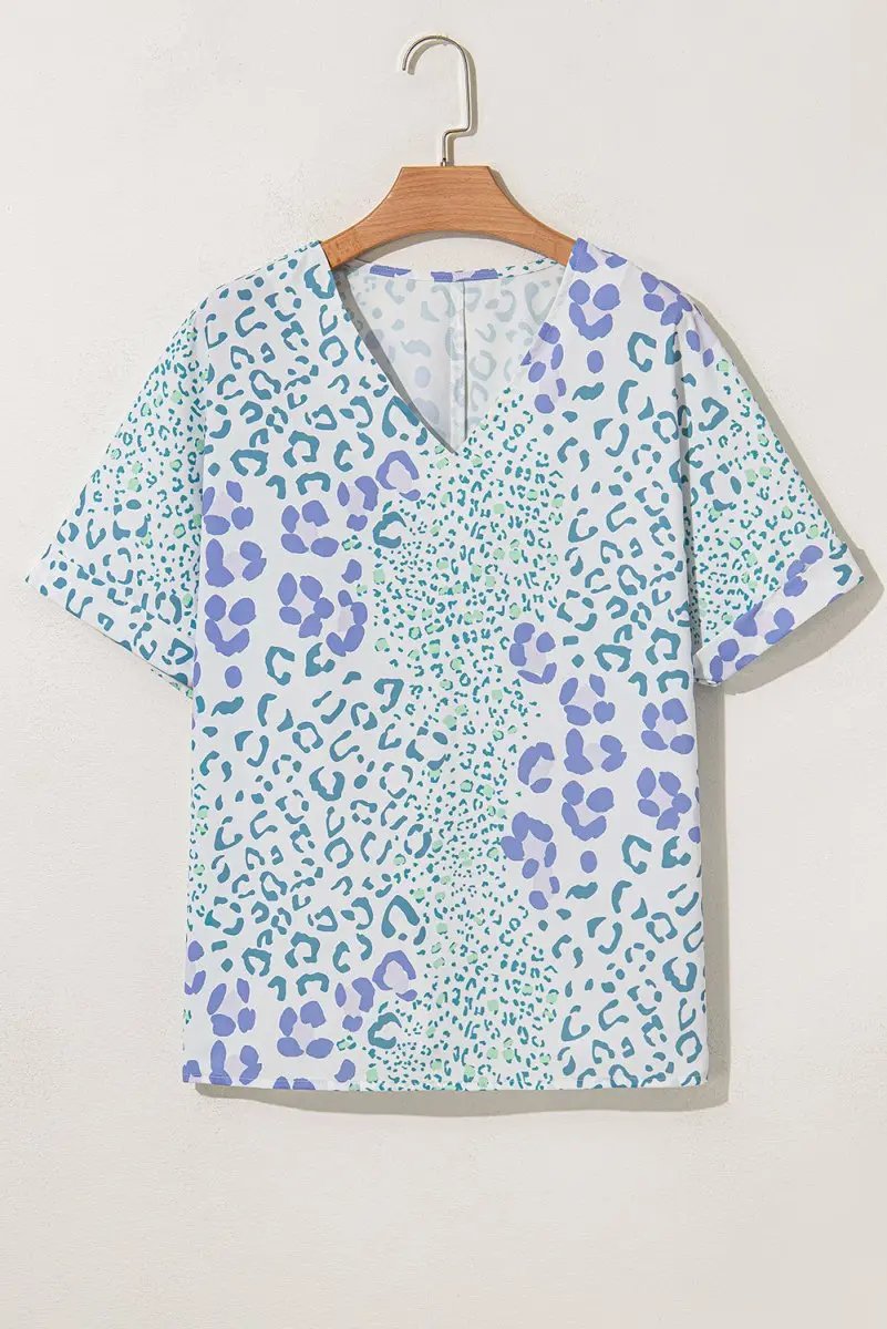 Women's Blouse - Sky Blue Leopard Print V-Neck - Summer Daily Top