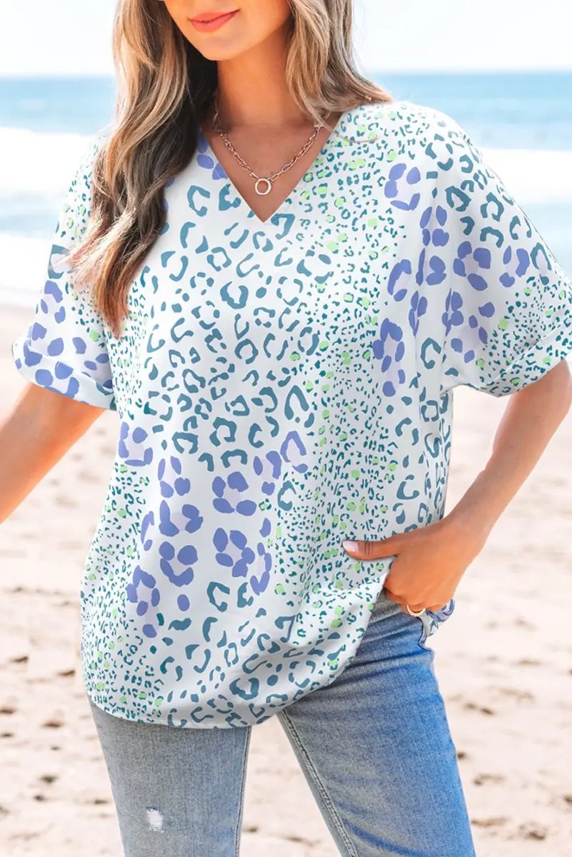 Women's Blouse - Sky Blue Leopard Print V-Neck - Summer Daily Top