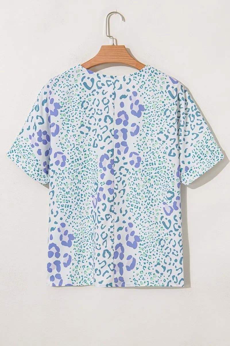 Women's Blouse - Sky Blue Leopard Print V-Neck - Summer Daily Top