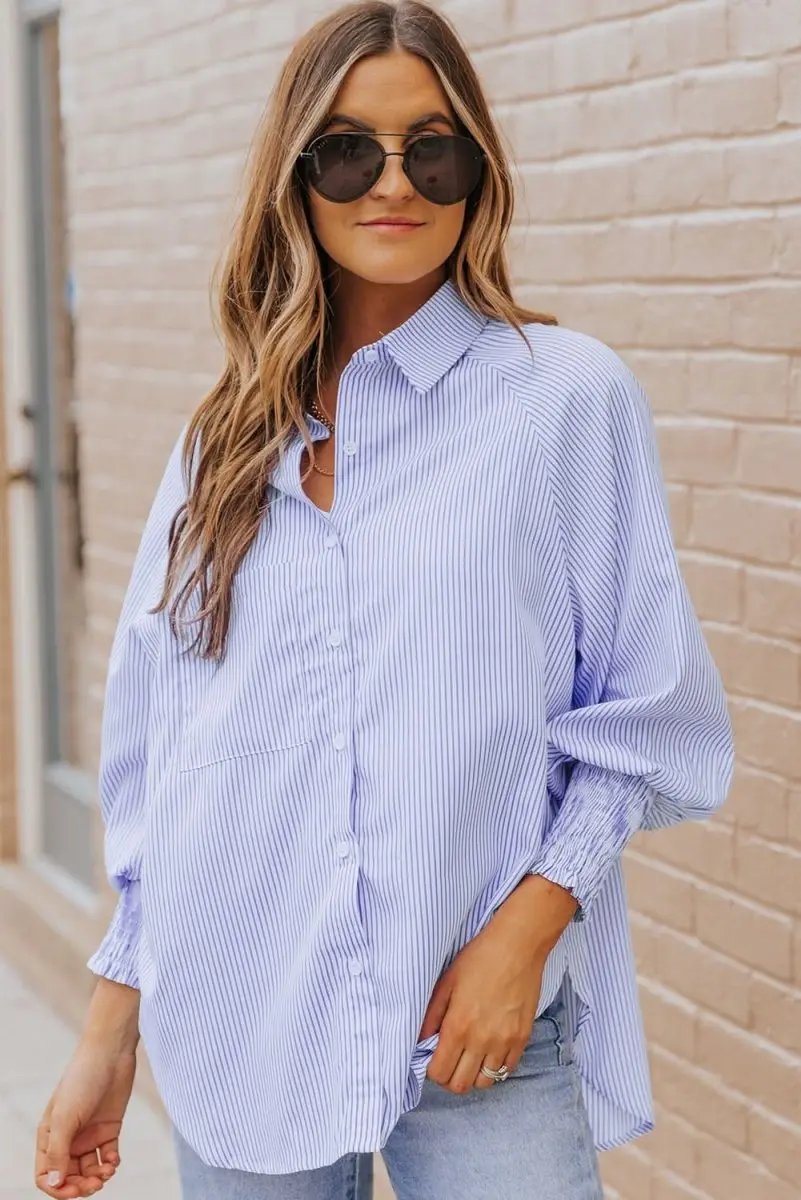 Pants Love Salve Sky Blue Striped Shirt Women's Casual Boyfriend Top Smocked Cuffs