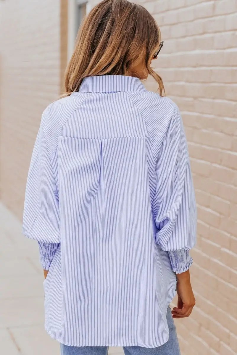 Pants Love Salve Sky Blue Striped Shirt Women's Casual Boyfriend Top Smocked Cuffs