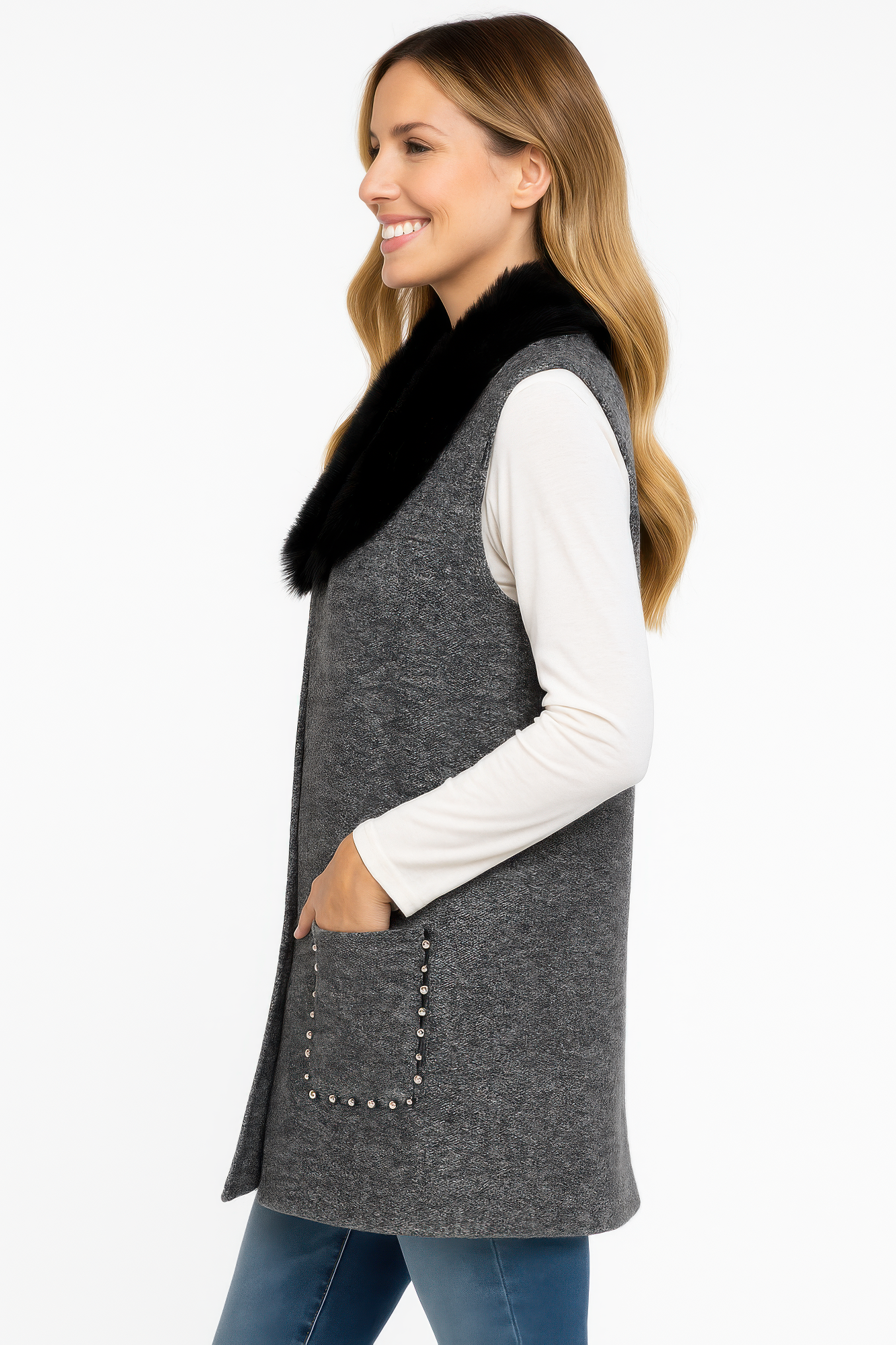 Sleeveless Wool-blend Vest With Faux Fur Collar