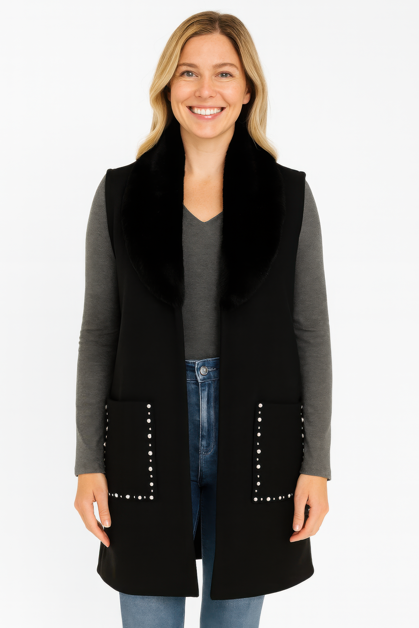 Sleeveless Wool-blend Vest With Faux Fur Collar