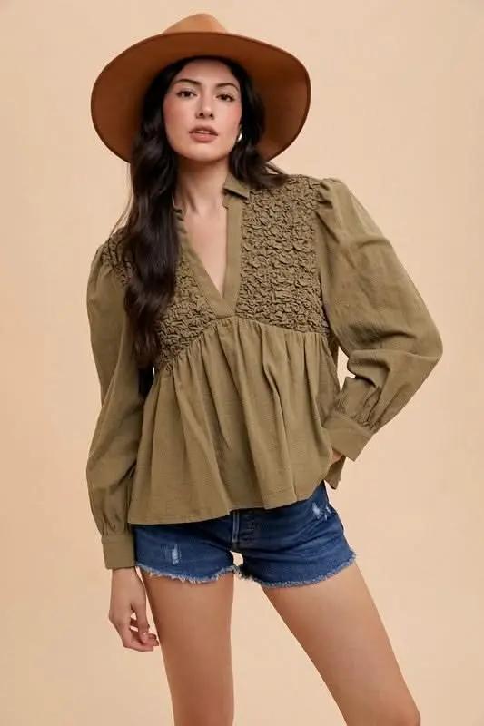 Accessories Trendsi Smocked Babydoll Blouse Women's Cute Long Sleeve Top Comfy Fit
