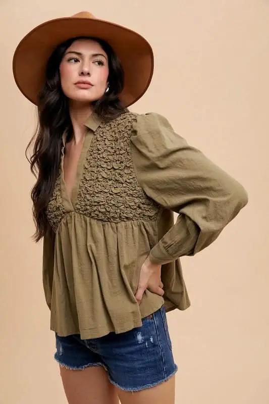 Accessories Trendsi Smocked Babydoll Blouse Women's Cute Long Sleeve Top Comfy Fit