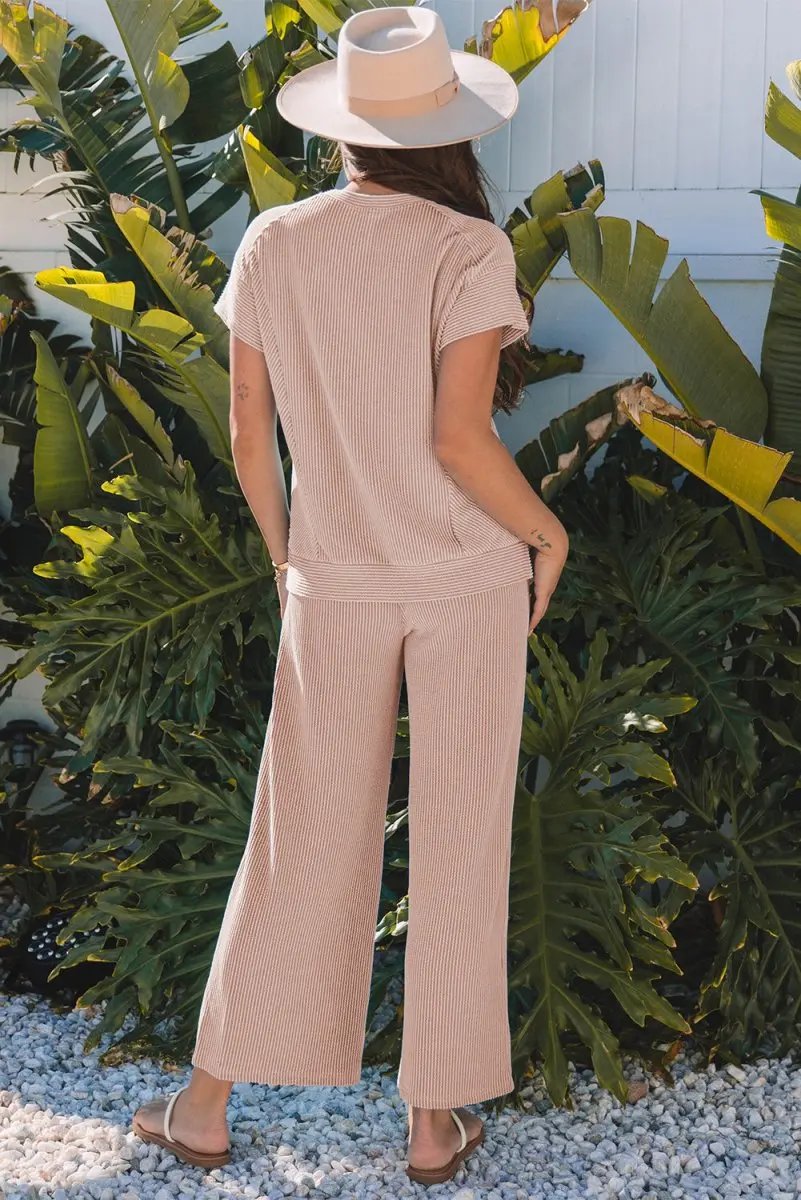 Love Salve Smoke Gray Corded Knit Women's Casual Set: Stylish Fit, Wide Leg Pants