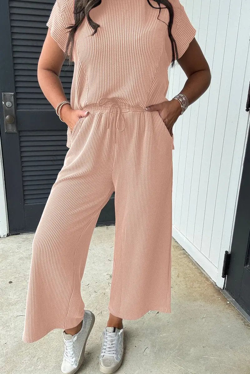 Love Salve Smoke Gray Corded Knit Women's Casual Set: Stylish Fit, Wide Leg Pants
