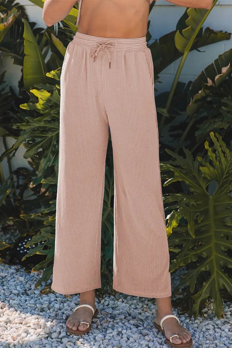Love Salve Smoke Gray Corded Knit Women's Casual Set: Stylish Fit, Wide Leg Pants