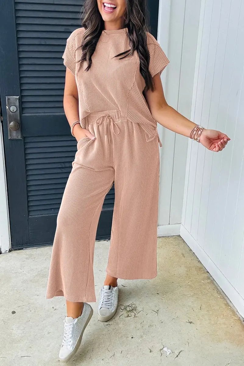 Love Salve Smoke Gray Corded Knit Women's Casual Set: Stylish Fit, Wide Leg Pants