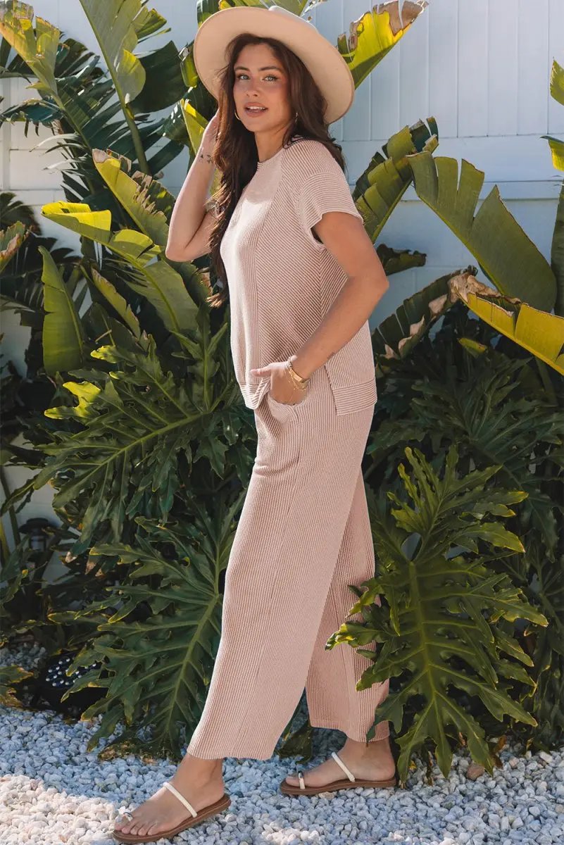 Love Salve Smoke Gray Corded Knit Women's Casual Set: Stylish Fit, Wide Leg Pants