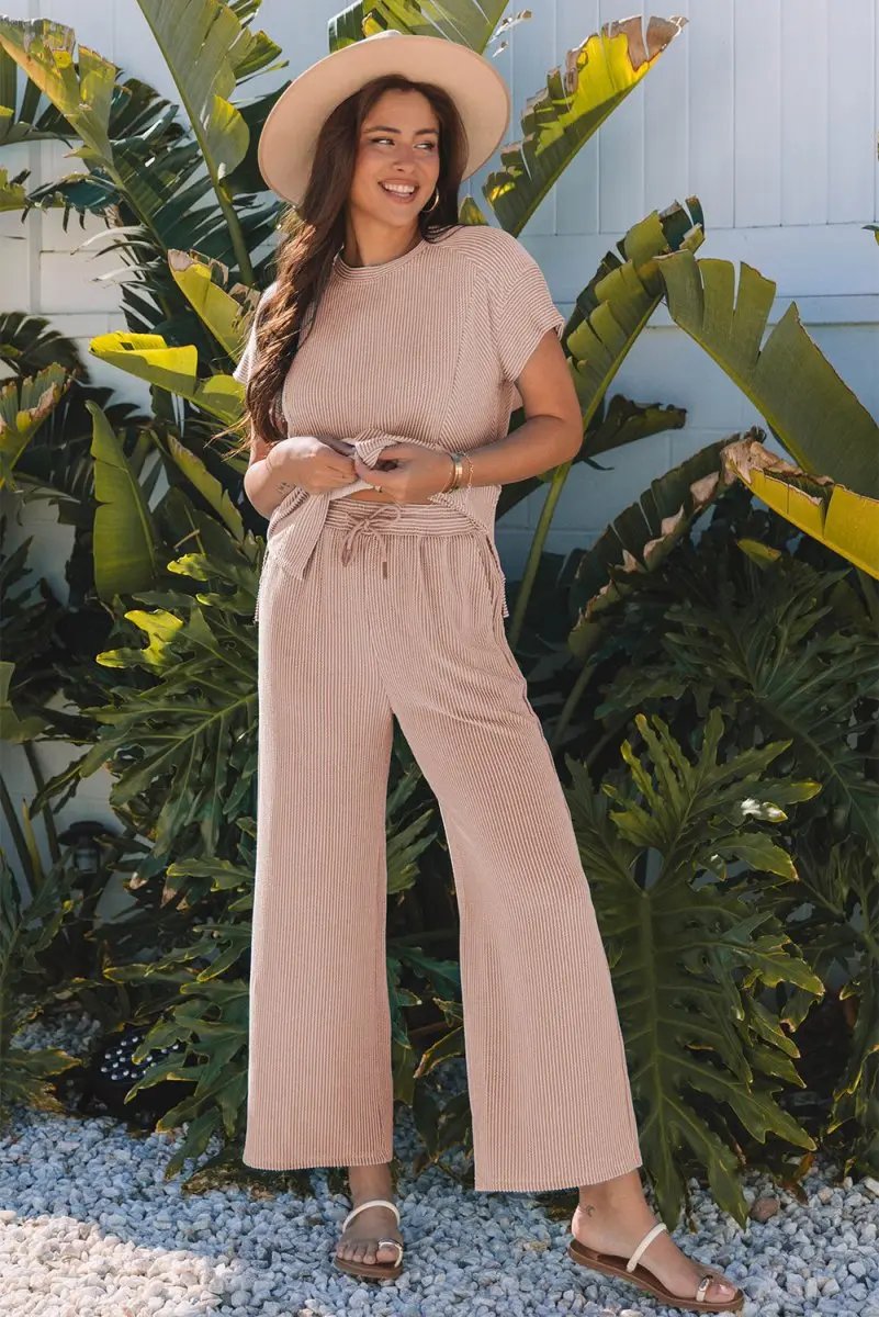 Love Salve Smoke Gray Corded Knit Women's Casual Set: Stylish Fit, Wide Leg Pants