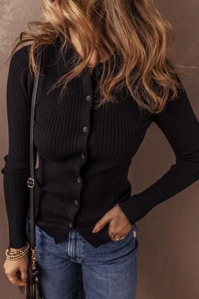 Sweaters Love Salve Black Ribbed Knit Women's Cardigan Sweater Slim Fit & Sophisticated