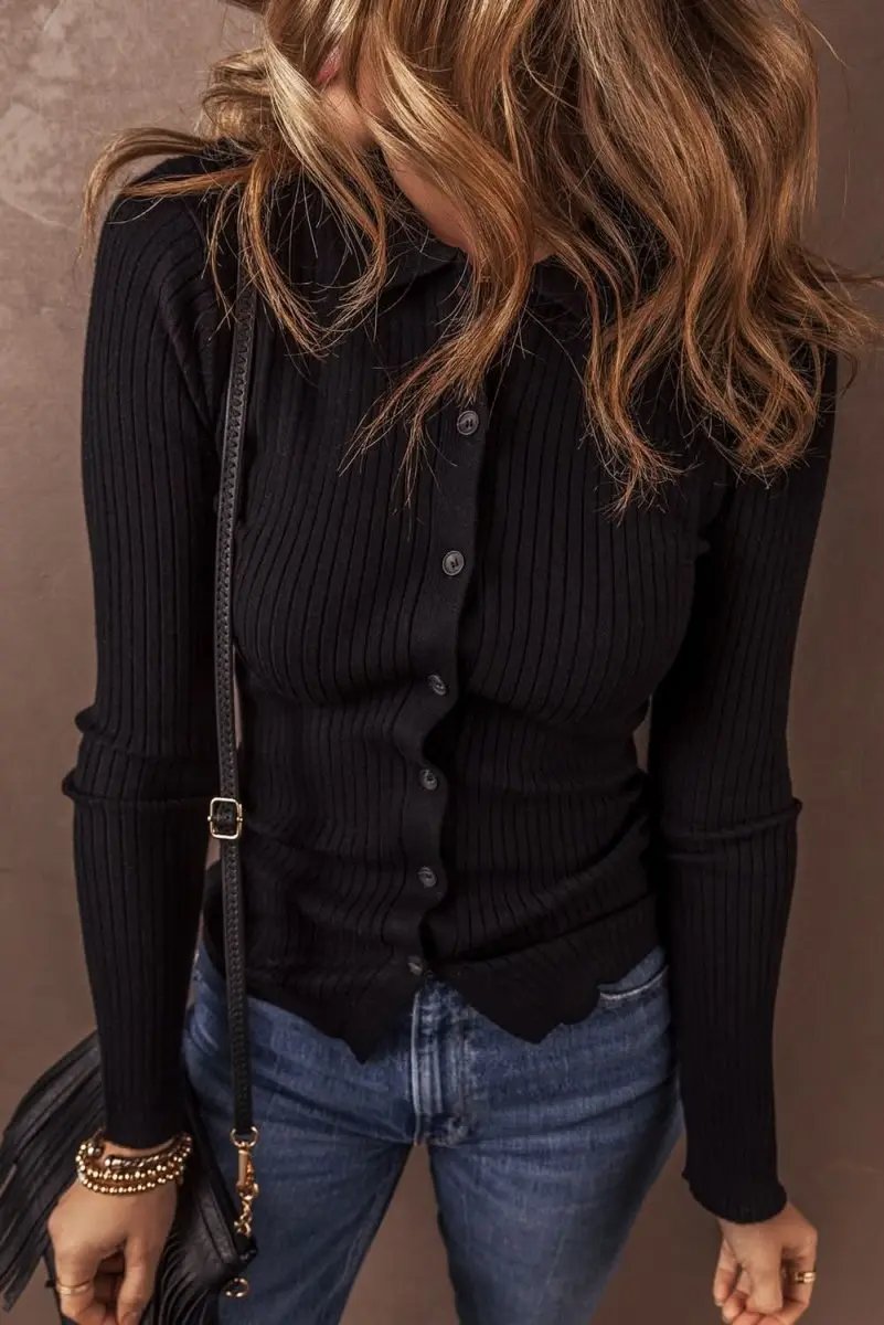 Sweaters Love Salve Black Ribbed Knit Women's Cardigan Sweater Slim Fit & Sophisticated