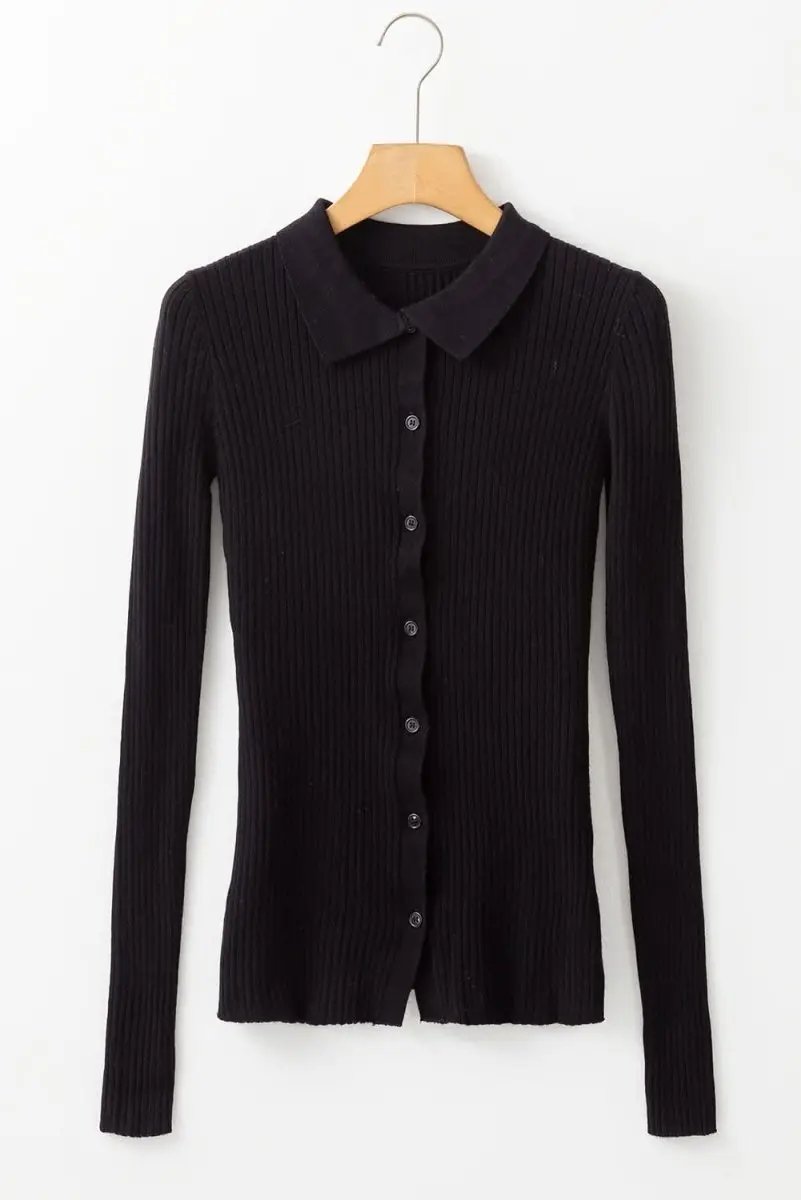 Sweaters Love Salve Black Ribbed Knit Women's Cardigan Sweater Slim Fit & Sophisticated