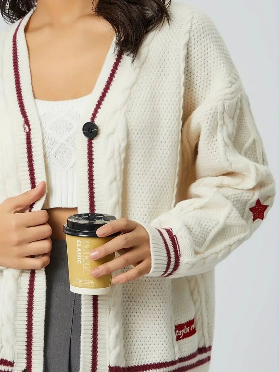 Sweaters Trendsi Star Embroidered Women's V-Neck Cardigan Long Sleeve Stylish Wear