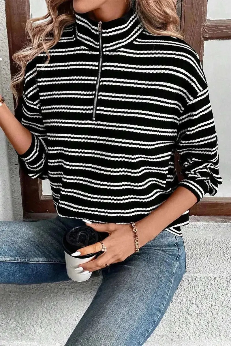 Accessories Trendsi Striped Half Zip Women's Long Sleeve Top Casual Stylish Wear
