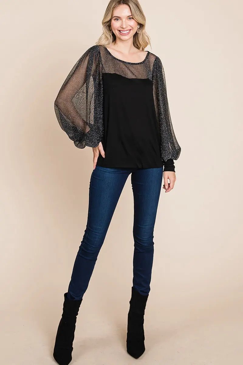 Accessories Trendsi Metallic Mesh Blouse Women's Party Top Lantern Sleeve Shirt Elegant