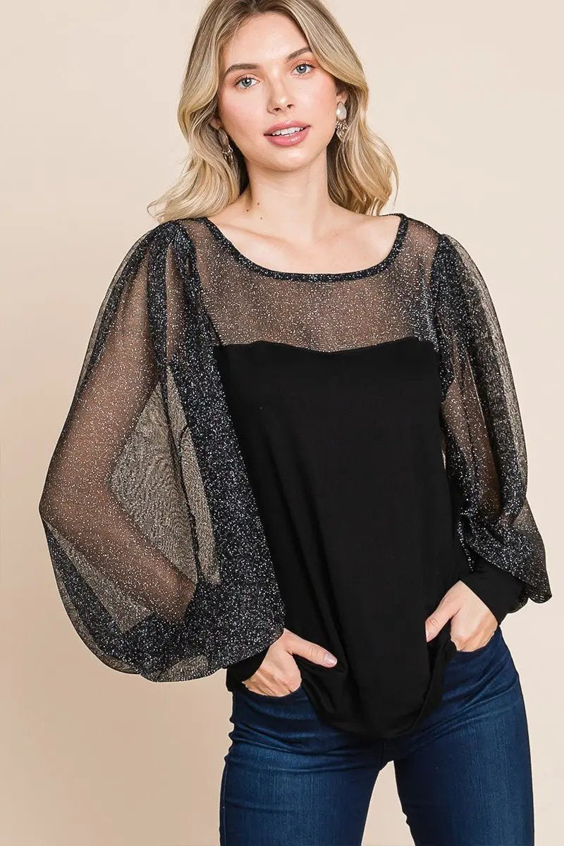 Accessories Trendsi Metallic Mesh Blouse Women's Party Top Lantern Sleeve Shirt Elegant