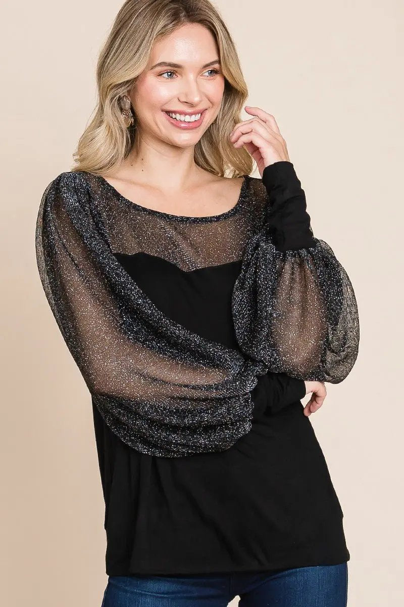 Accessories Trendsi Metallic Mesh Blouse Women's Party Top Lantern Sleeve Shirt Elegant