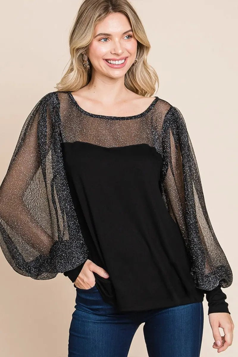 Accessories Trendsi Metallic Mesh Blouse Women's Party Top Lantern Sleeve Shirt Elegant