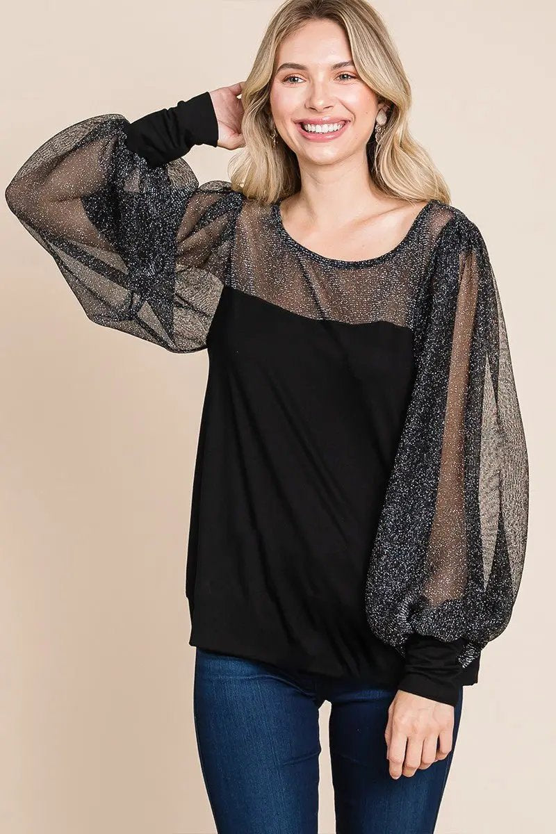 Accessories Trendsi Metallic Mesh Blouse Women's Party Top Lantern Sleeve Shirt Elegant