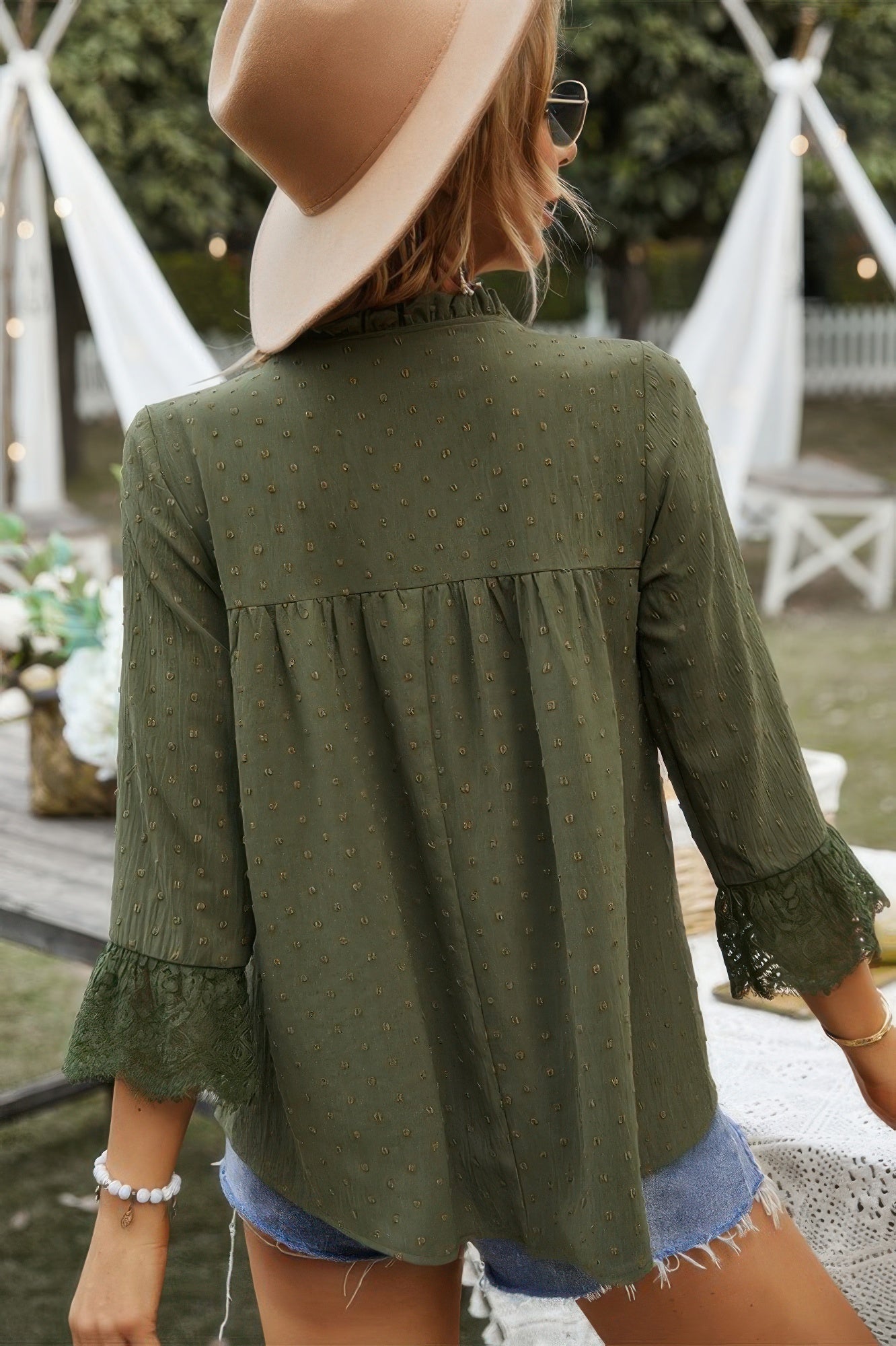 Swiss Dot Lace Splicing Sleeve V Neck Blouse