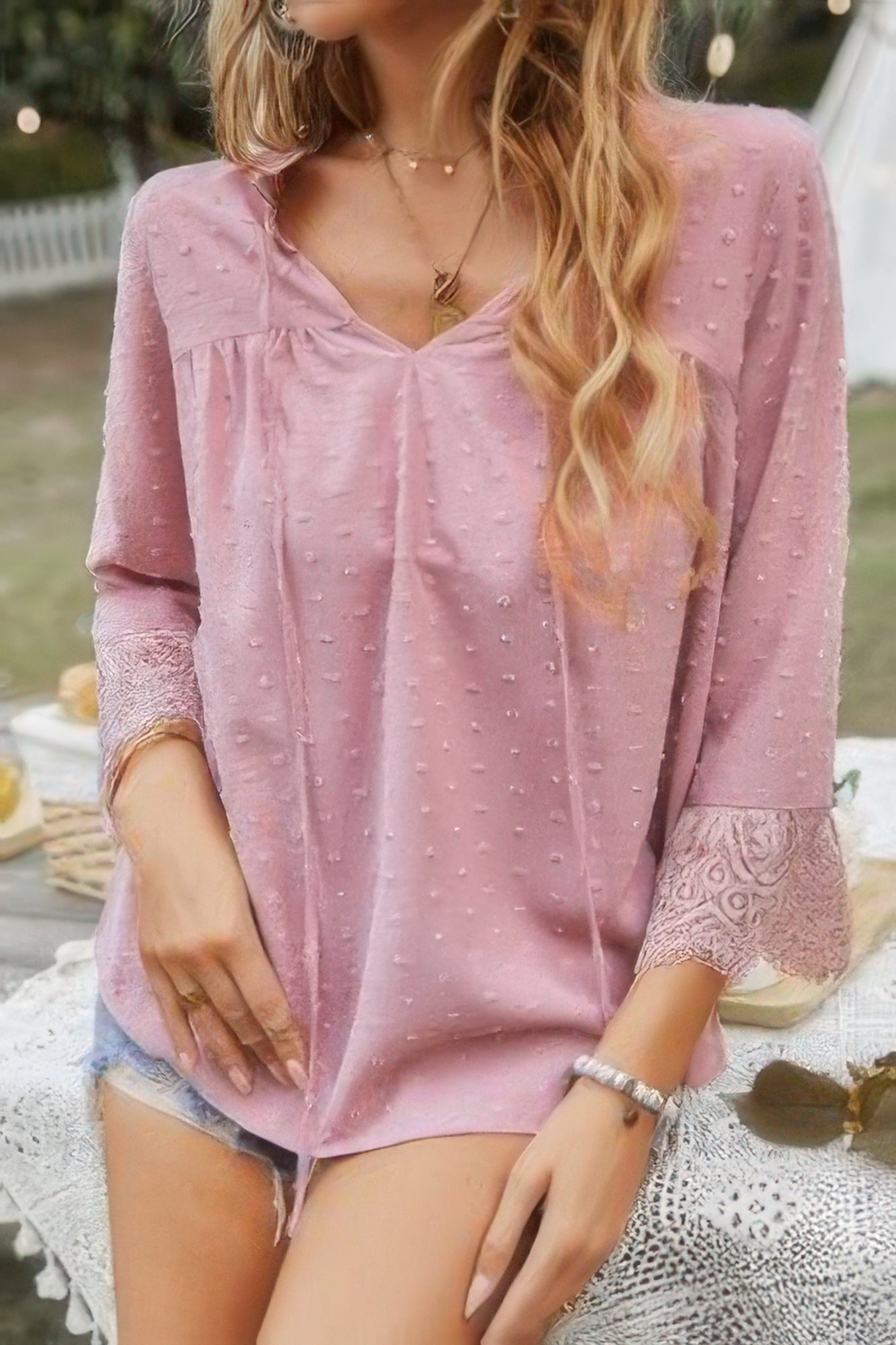 Swiss Dot Lace Splicing Sleeve V Neck Blouse