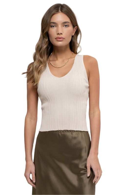 Sleeveless V Neck Ribbed Knit Top