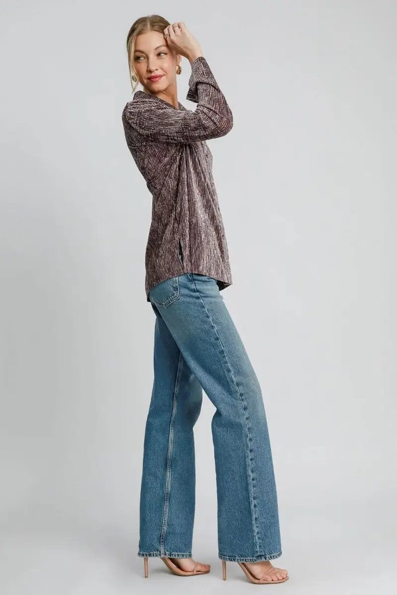 Pants Trendsi Textured Button-Up Women's Casual Shirt USA Made, Side Slit