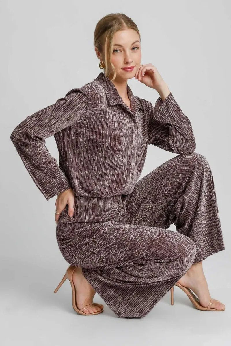 Pants Trendsi Textured Button-Up Women's Casual Shirt USA Made, Side Slit