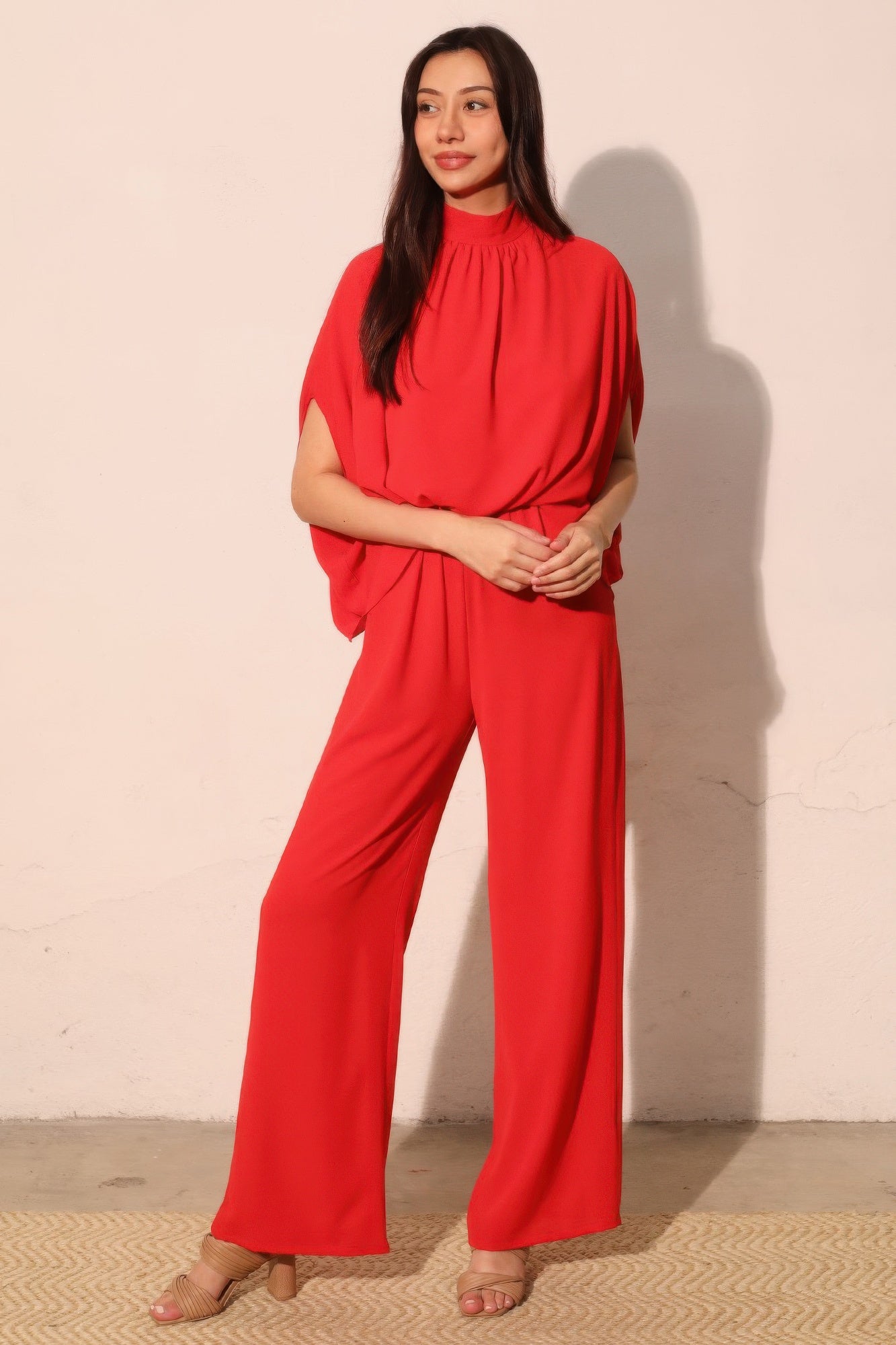 Textured Solid Mock Neck Caftan Jumpsuit