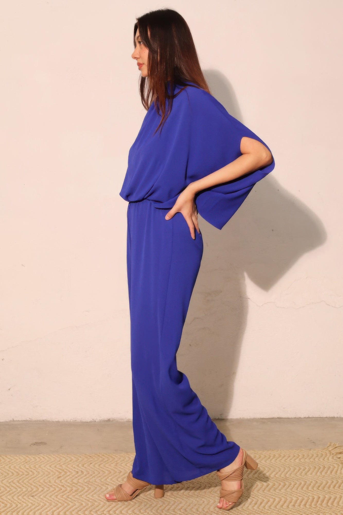 Textured Solid Mock Neck Caftan Jumpsuit