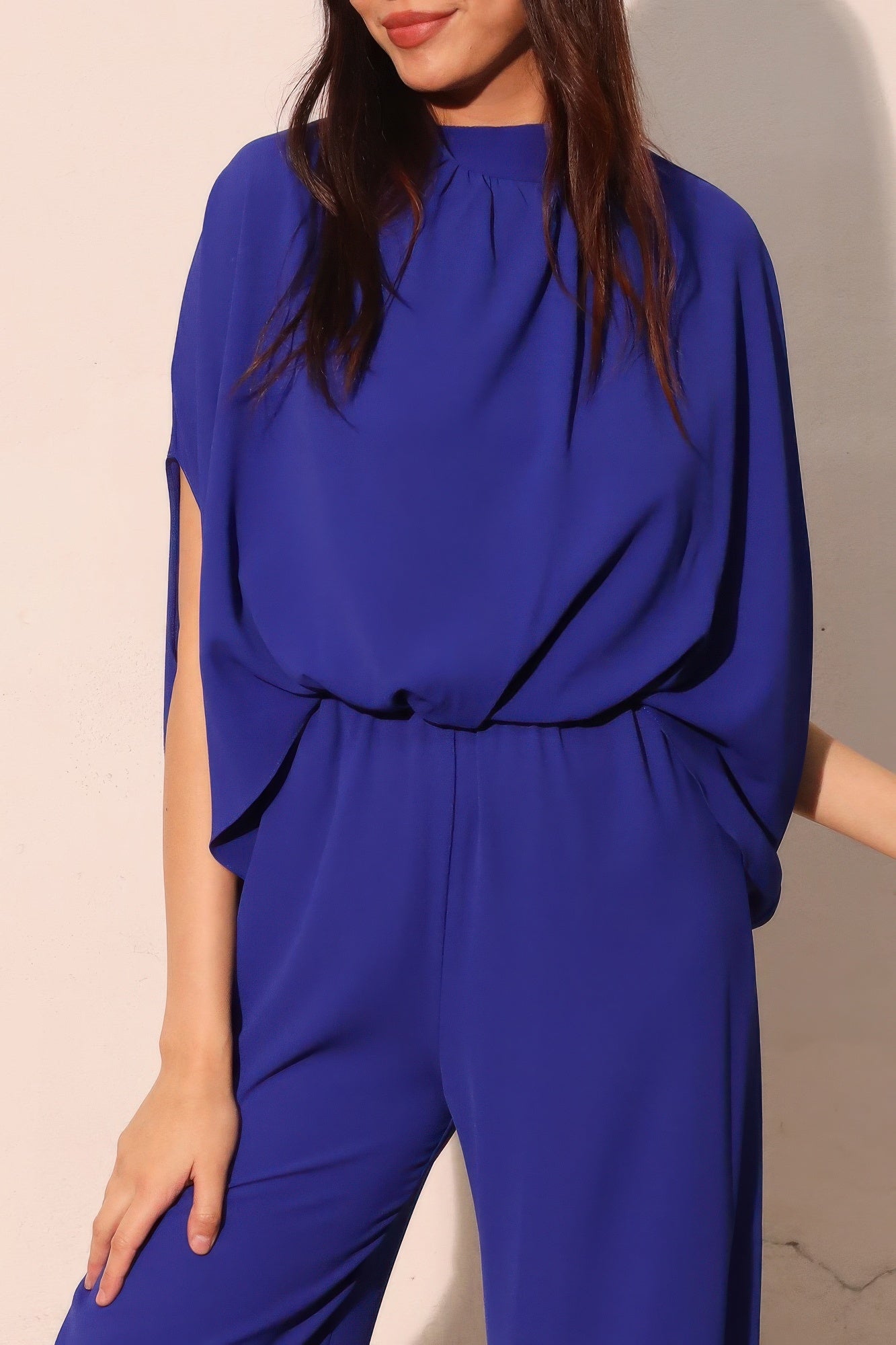 Textured Solid Mock Neck Caftan Jumpsuit
