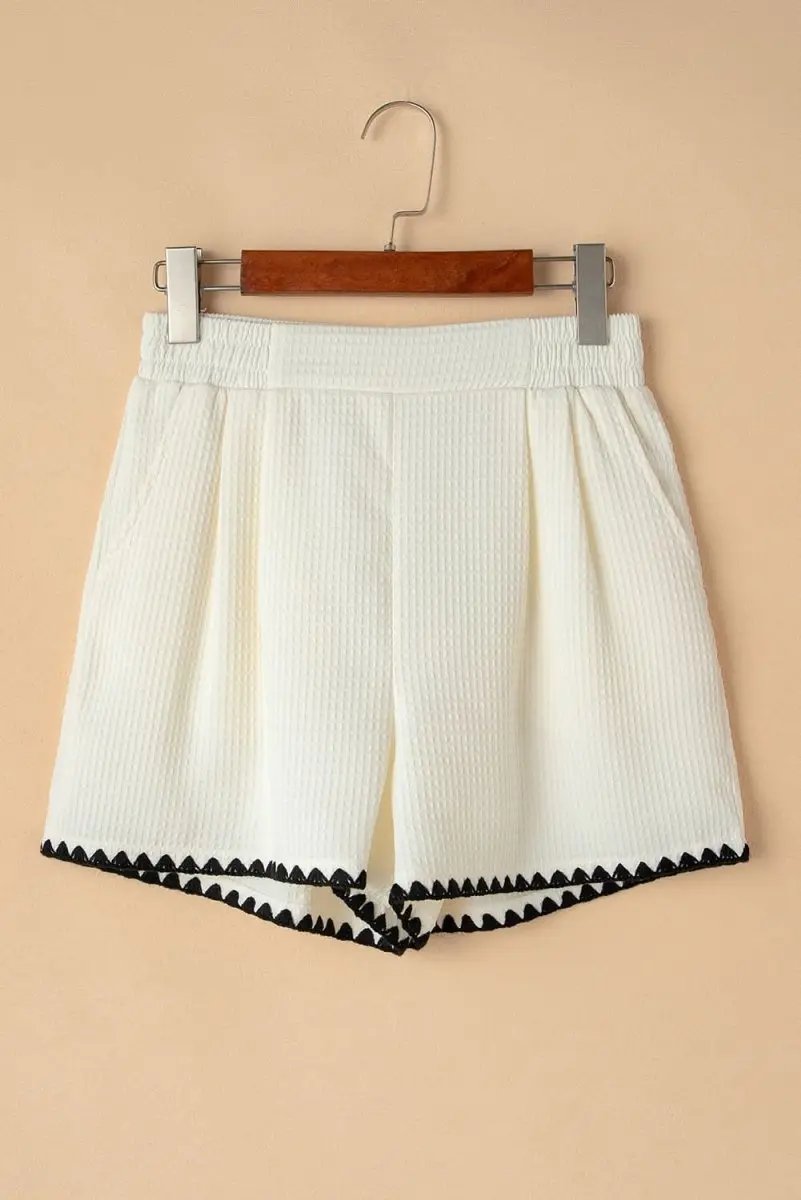 Love Salve White Waffle Knit Shorts Daily Wear Women's Casual Shorts Ricrac Hem Detail