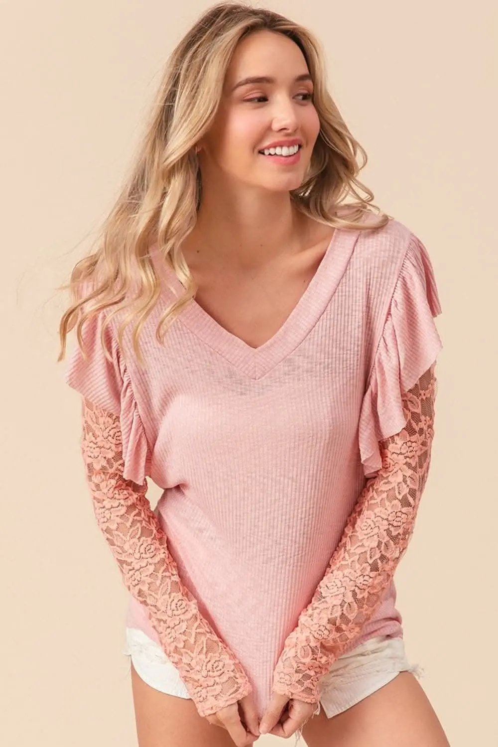 Pants Trendsi BiBi Ruffled Lace Sleeve Rib Knit Top