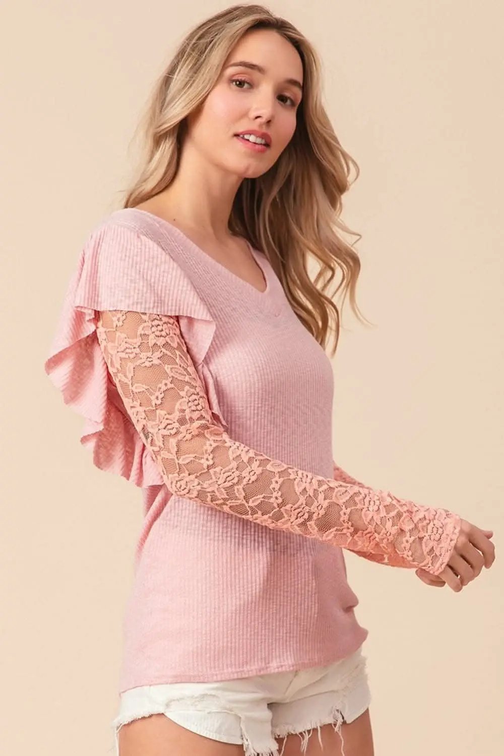 Pants Trendsi BiBi Ruffled Lace Sleeve Rib Knit Top
