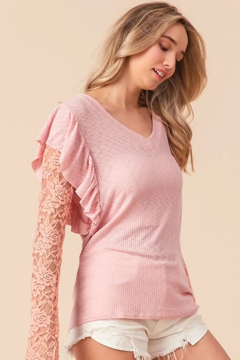 Pants Trendsi BiBi Ruffled Lace Sleeve Rib Knit Top