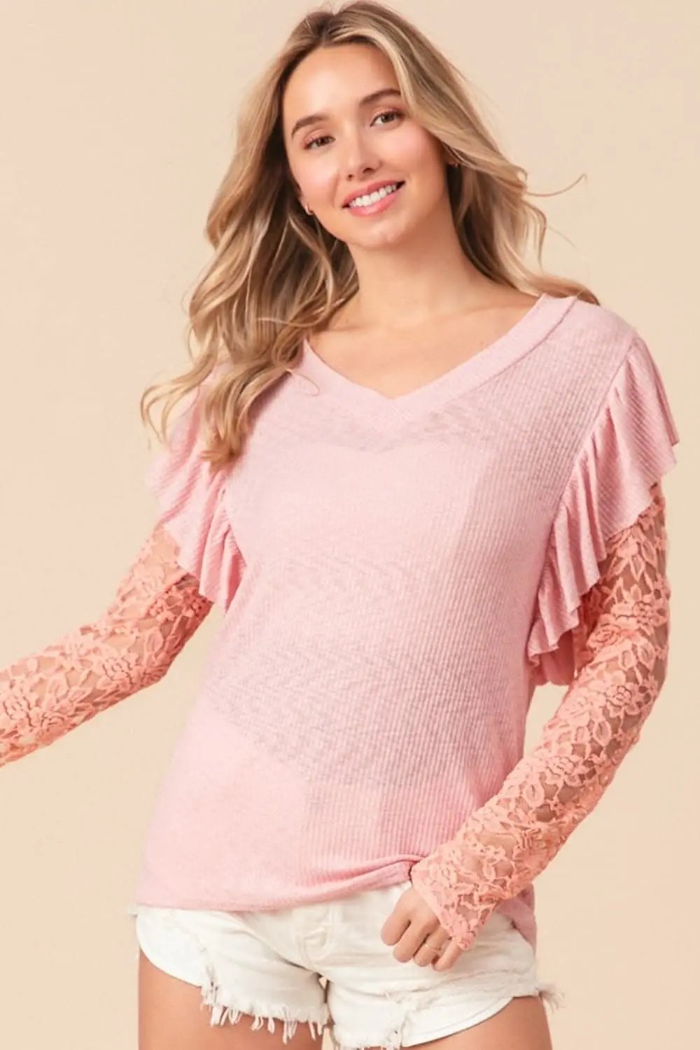 Pants Trendsi BiBi Ruffled Lace Sleeve Rib Knit Top