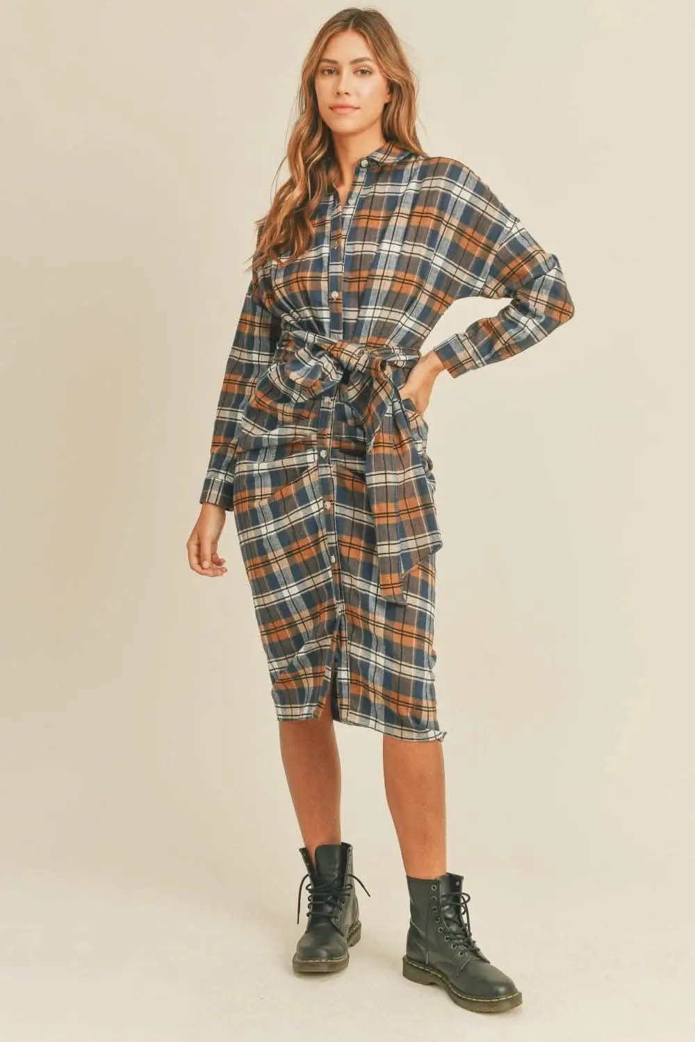 Shirts Trendsi Plaid Flannel Dress Women's Tie-Front Shirt Dress Casual, Ship from USA