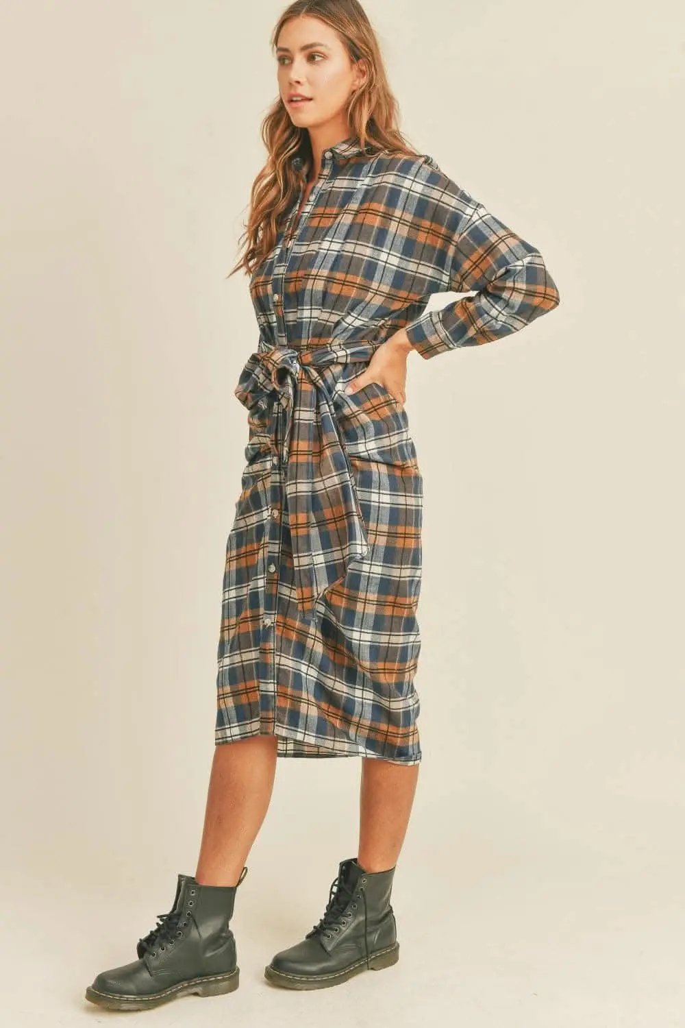 Shirts Trendsi Plaid Flannel Dress Women's Tie-Front Shirt Dress Casual, Ship from USA
