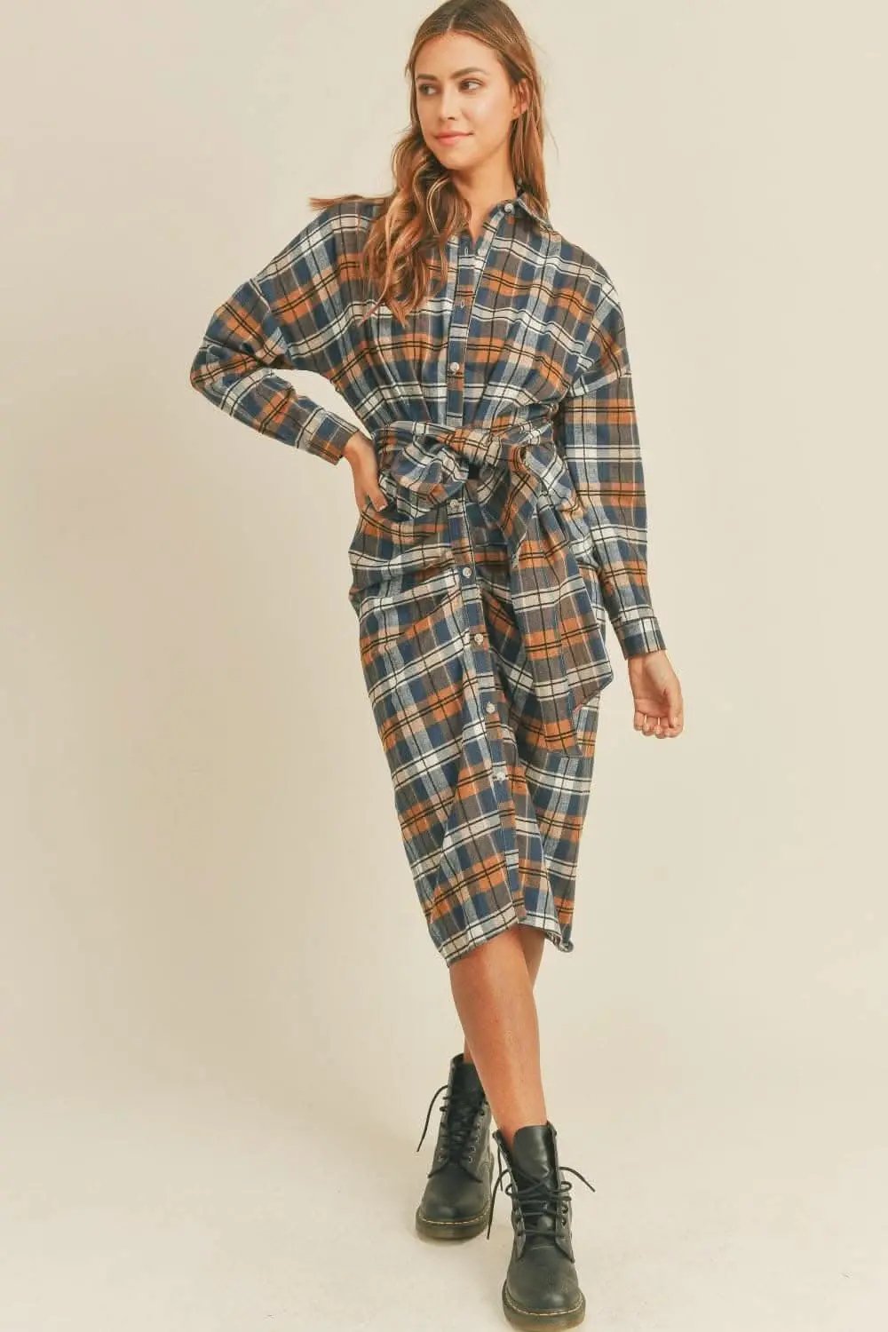 Shirts Trendsi Plaid Flannel Dress Women's Tie-Front Shirt Dress Casual, Ship from USA