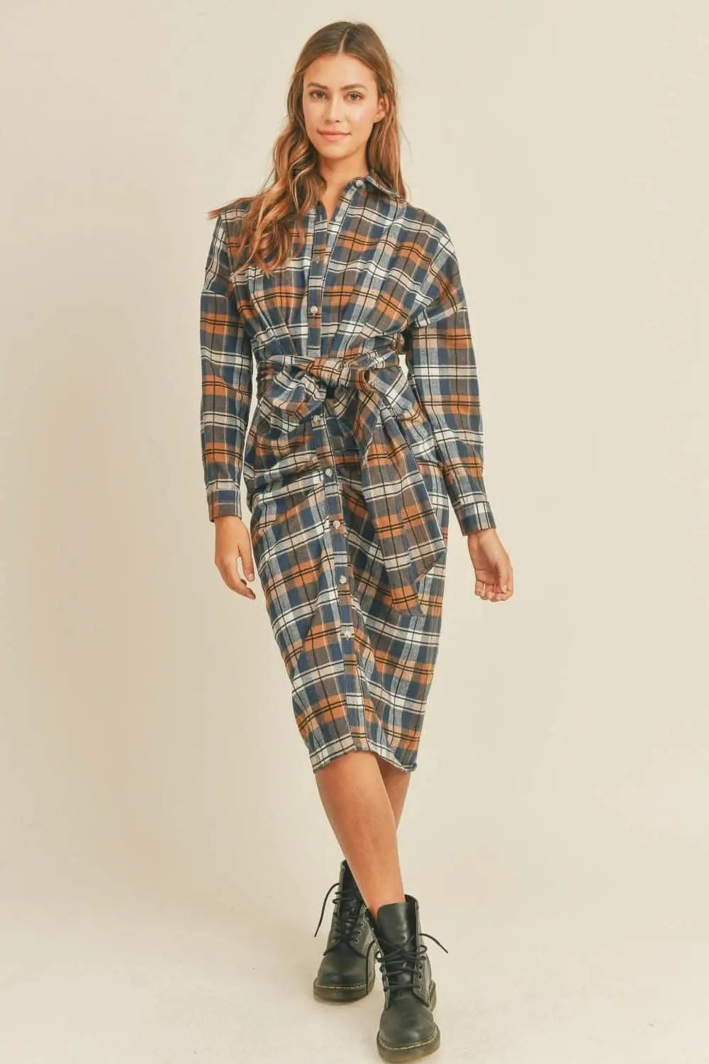 Shirts Trendsi Plaid Flannel Dress Women's Tie-Front Shirt Dress Casual, Ship from USA